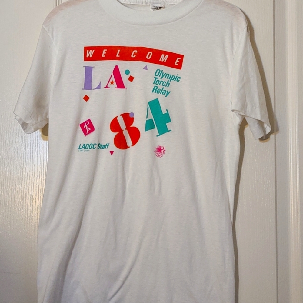 Vintage large 1984 Olympics Laoov staff torch relay shirt